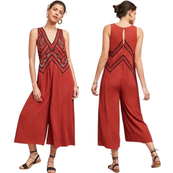 Maeve Anthropologie Desert Embroidered Jumpsuit Women's 2 Orange Wide Leg Crop - Picture 1 of 16